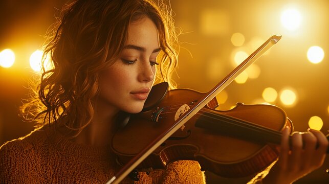 Woman playing violin in warm light