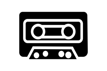 The image is a bold, black-and-white icon of a vintage cassette tape. The design is highly simplified and graphic, with no gray tones or fine details. 