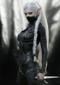 Portrait of a female elf assassin with long white hair, pointed ears, and a black face mask. Black tight leather armor. She holds a dagger with a decorative handle .3d rendering