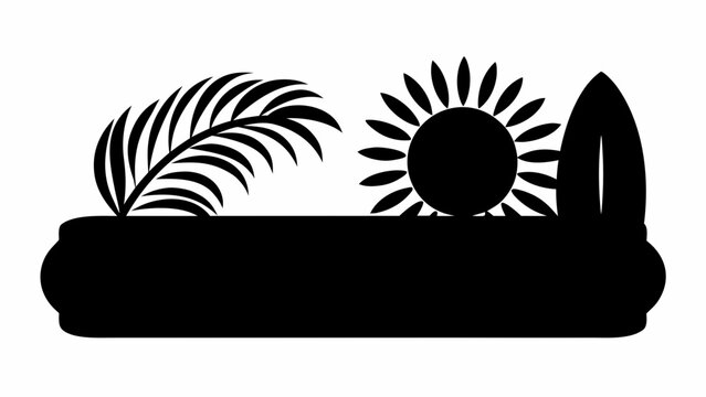 Silhouette of a tropical scene with a palm leaf, sun, and surfboard on a rectangular base design