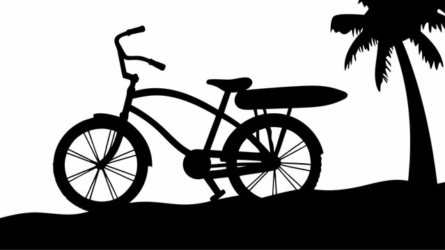 Silhouette of a beach cruiser bicycle parked near a palm tree on a sandy surface in monochrome style