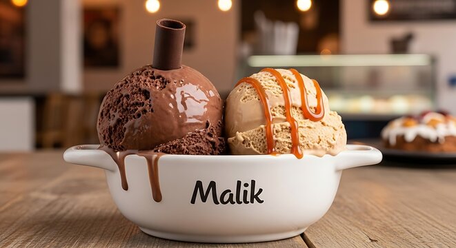 Delicious ice cream scoops in bowl with chocolate and caramel toppings treat