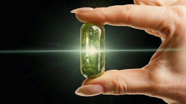 Macro shot of a green capsule with a miniature forest inside, held between fingers. Concept of natural medicine, sustainability, and holistic healing