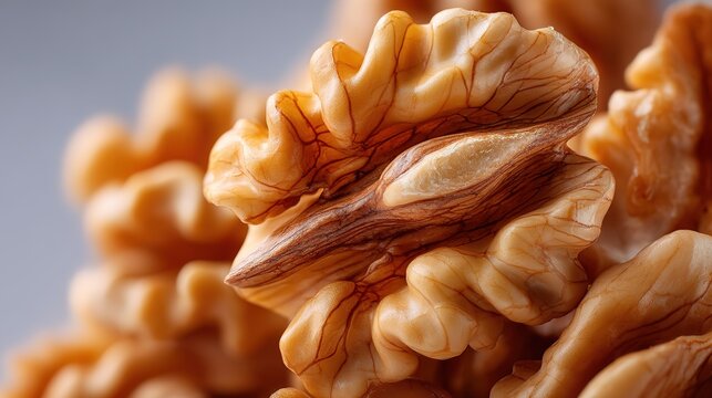 Hyper-Focused Walnut Kernel: Intricate Brainfold Texture with Blurred Nut Background for Neuroscience Apps, Cognitive Enhancement Visuals