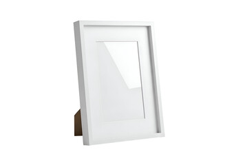 White picture frame with wooden base.