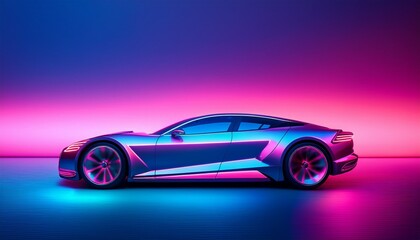 a sleek modern car with neon pink and blue gradient background