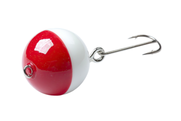 Red and white spherical fishing lure with hook