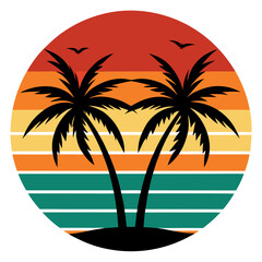 Lean Palms Horizon – Two stylized palm trees in a simplified retro beach scene, laid out for premium silhouette printing.