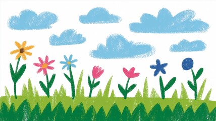 Obraz premium A Cheerful Meadow Bursting with Vibrant Wildflowers Under a Sky of Fluffy Blue Clouds