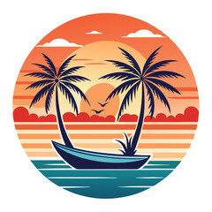 Canoe Sunset Drift – A desert island design with canoe and tall palms silhouetted in front of soft retro sun gradients.