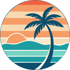 Palmwave Vintage Circle – A circular beach vector featuring a palm and wave combo with soft pastel retro tones.