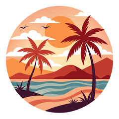 Flat Beach Layers – Palm trees, ocean, and sunset rendered in minimal, warm flat tones for clean T-shirt illustration.