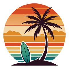 Obraz premium California Surf Mood – A surfboard and palm tree set before a retro sun in a minimalist California coastal layout.