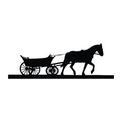 Silhouette of a horse pulling a vintage carriage on a white background