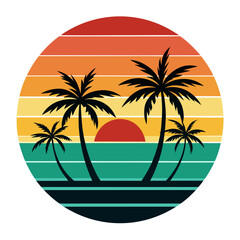 Island Glow Horizon – A tropical sunset vector with palm trees above a calm horizon and soft retro tones, built for clean print on white.
