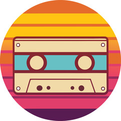 Cassette Fade Nostalgia – Retro tape centered in a circular layout with warm sunset stripes, minimal geometry for print clarity.