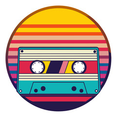 Float Tape Radiance – Cassette floating above retro sun stripes in soft gradients and crisp outlines evoking 80s nostalgia.