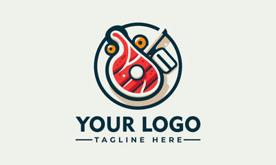 A stylized logo featuring a red steak with a knife and fork, within a circular design.