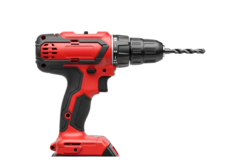 Red and black cordless drill with drill bit.