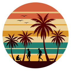 Retro Surf Vector with Minimal Palms and Group of Silhouetted Surfers Under 70s Sunset Bands