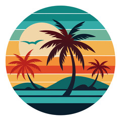 Minimalist Tropical Circle Scene with Sunset Layers and Flat Palm Silhouettes in Retro Palette