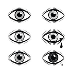 Collection of six stylized black and white human eyes with intricate details and lashes