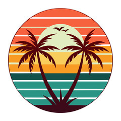 Retro Beach Badge with Dual Palms, Pink-Orange Sunset, Birds, and Shoreline on White