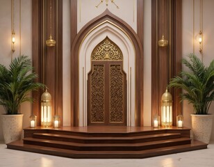 Wooden floor, gray wall, and archway adorned with intricate gold designs, surrounded by plants and stairs. Several lamps illuminate the floor, creating a warm and inviting atmosphere.