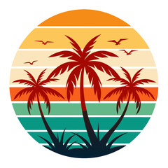 Clean Tropical Beach Vector with Palm Silhouettes and Sunburst Circle in Warm Retro Tones