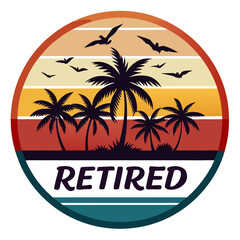 Palm Tree Silhouettes with “Retired” Title and Sunset Gradient in Vintage Badge Style