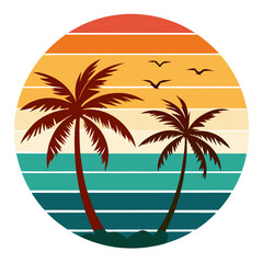 Retro California Surf Culture Art with Palms, Mountains, and Warm Sunset Stripes
