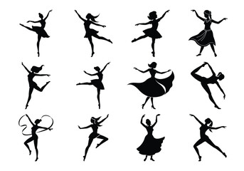 Collection of ballet dancers in various poses silhouette isolated on white background