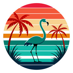 Flamingo Silhouette in Vintage Sunset Badge with Palms on Clean White Background