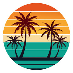 Tropical Beach Silhouettes Over Flat Horizontal Sunset in Retro Tones