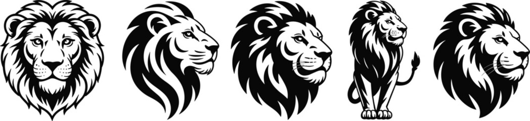 Lion head illustrations, black and white, stylized animal art, majestic lion, graphic design, bold lines, wildlife, vector, tattoo, emblem