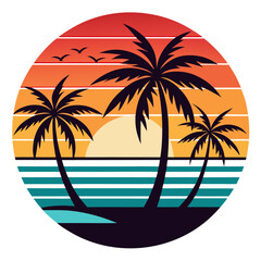 Tropical Coastline Sunset with Silhouetted Palms and Clean Retro Balance