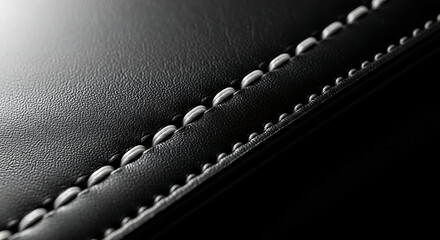 Extreme macro close-up of dark black leather texture with contrasting white stitching