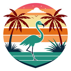 Tropical Flamingo and Palms in Retro Sunset Scene with Classic Badge Design