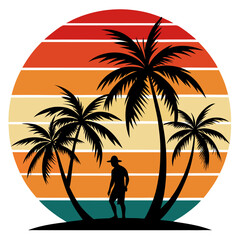 Surfer with Palm Trees Over Bold Vertical Sunset Stripes in Retro Layout