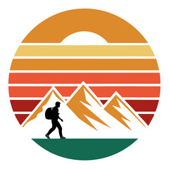 Obraz premium Hiker Facing Mountains Under Retro Sunburst in Minimalist Layout