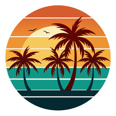 Circular Beach Scene with Sunset and Retro Palm Silhouettes