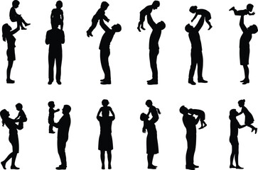 Parent and child silhouettes, family bonding moments, playful interaction, lifting and hugging poses, black vector icons, emotional connection
