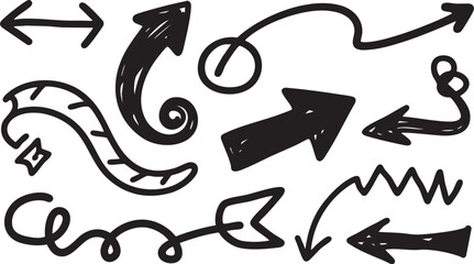  handdrawn arrows and directional pointers isolated on white background