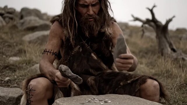 Stone Age Man Making Tools with Rock &ndash; Primitive Survival Skill