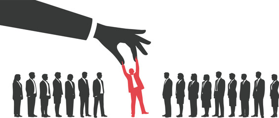 Recruitment concept silhouette, hand picking candidate, leadership selection, standout individual, HR icon, vector art, hiring process, decision