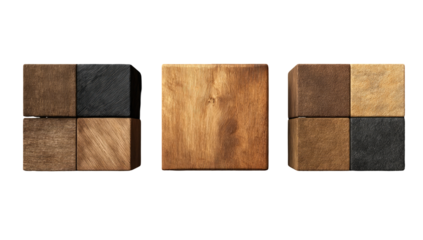 Three wooden cubes, each with contrasting colored quadrants