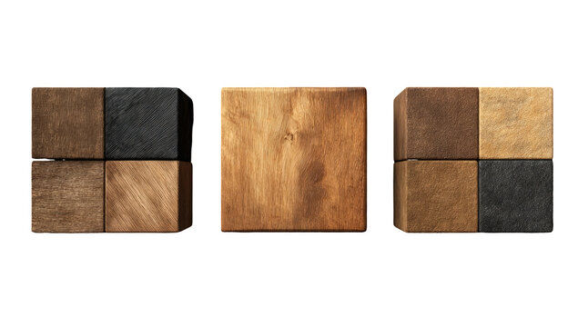 Three wooden cubes, each with contrasting colored quadrants