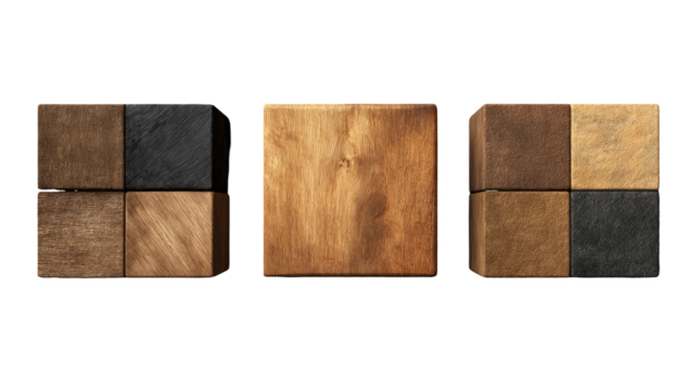 Three wooden cubes, each with contrasting colored quadrants