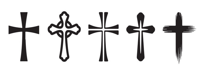 A collection of five different black and white cross illustrations on a white background design art