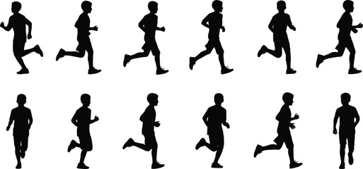 Running silhouette sequence, athletic motion cycle, black vector illustration, human biomechanics, sports movement, dynamic posture, fitness concept art